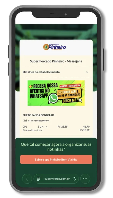 Cupom fiscal digital com a marca do Pinheiro e um botão para baixar o app da rede