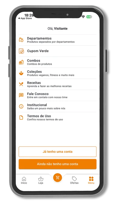 Menu do app do Supermercado Pinheiro, com o Cupom Verde entre as opções