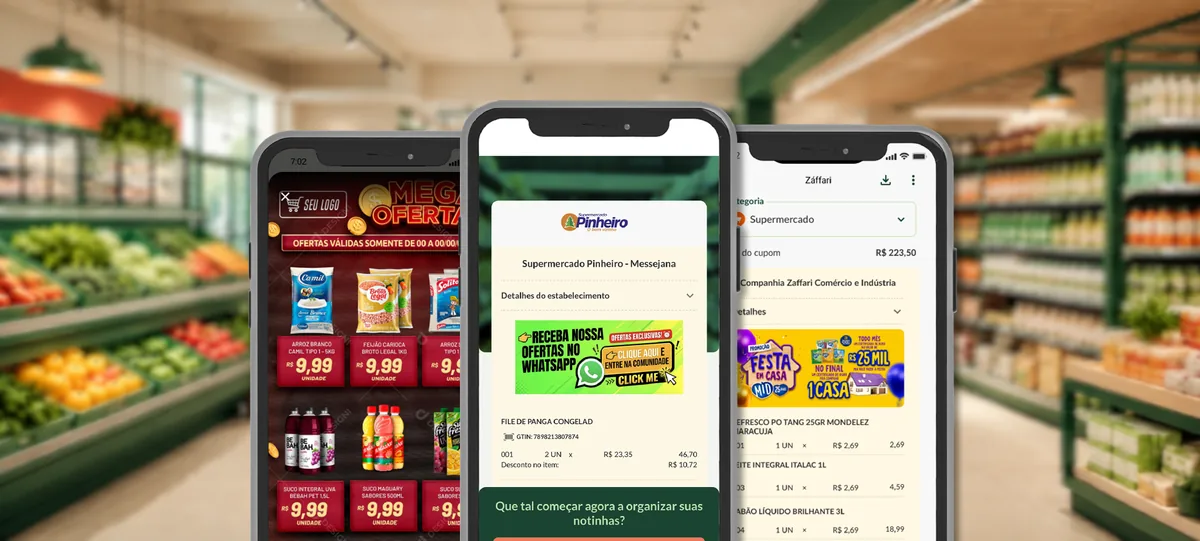 Três celulares lado a lado mostrando encartes de ofertas dentro do cupom fiscal digital