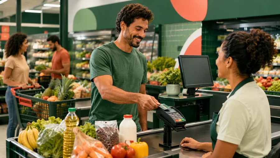 Cliente pagando as compras no caixa do supermercado