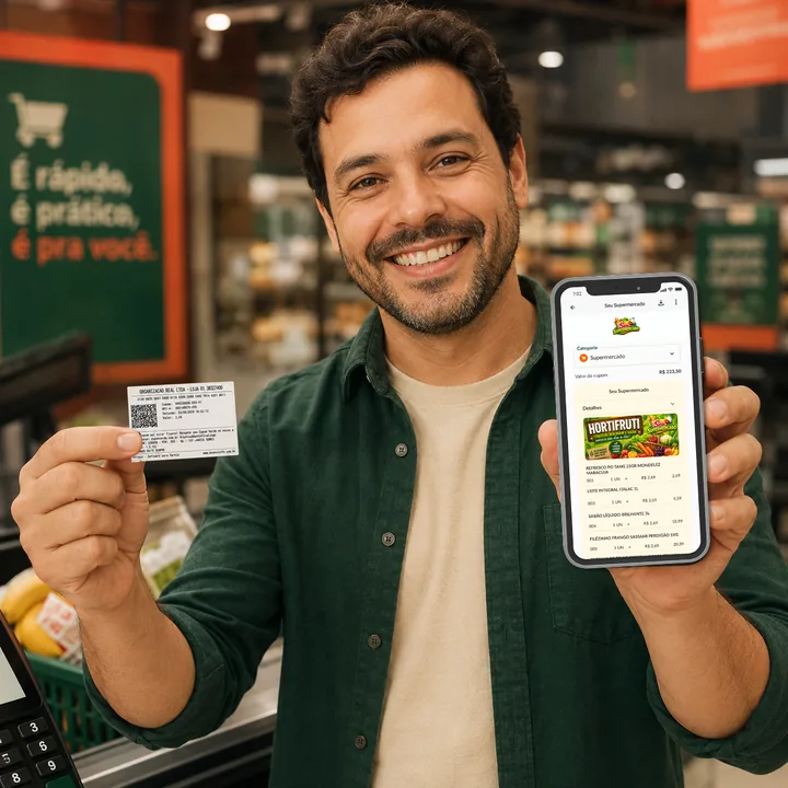 Cliente mostrando o cupom reduzido com QR Code numa mão e o cupom completo no app na outra