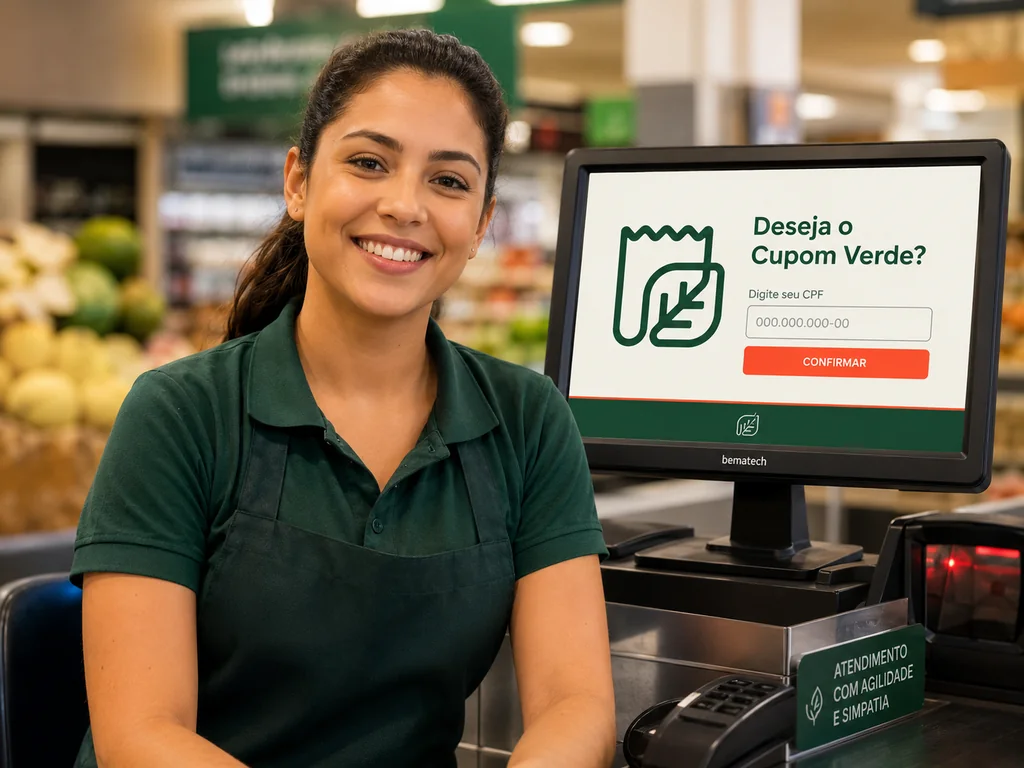 Operadora de caixa ao lado da tela do PDV perguntando se o cliente deseja o Cupom Verde